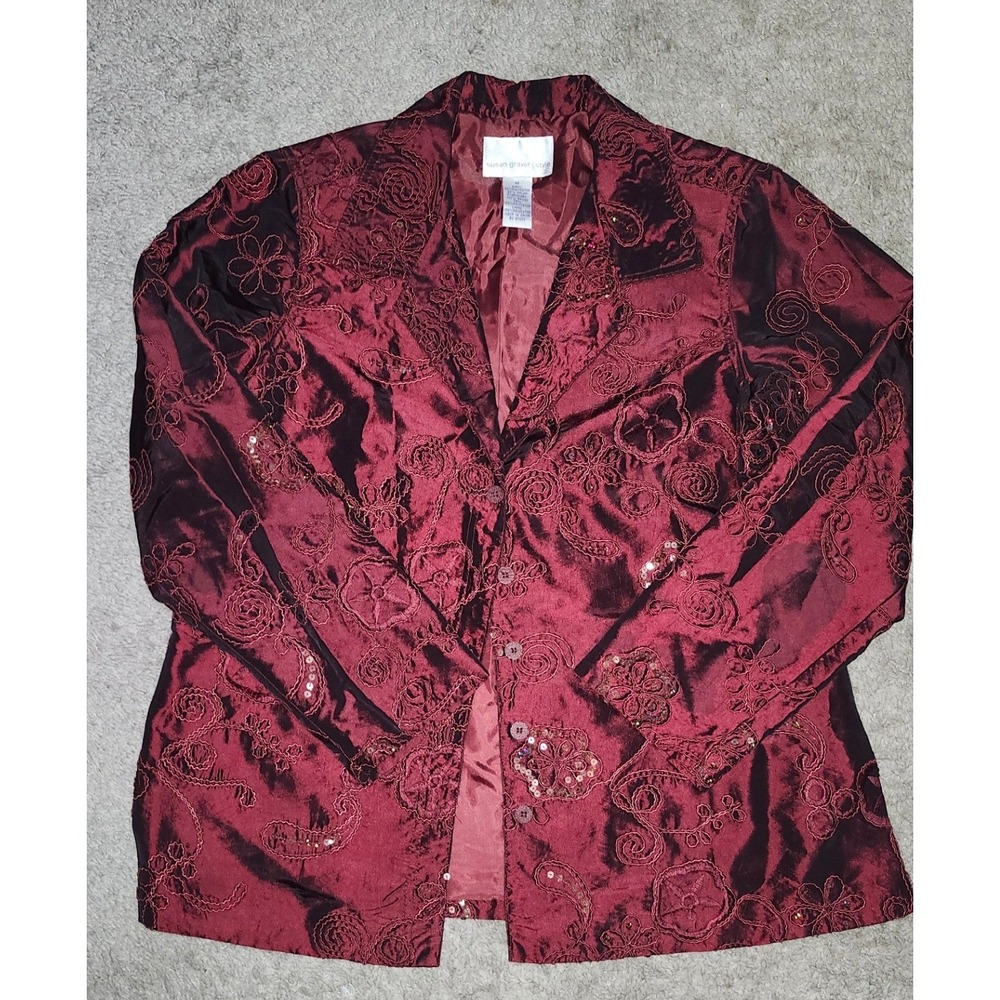 VTG Susan Graver Style Burgundy Floral Embroidered Sequin‎ Blazer Jacket Womens